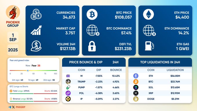 Crypto Market Opens September With Mixed Momentum as Liquidations Mount 3 Crypto Market Daily Summary Chart