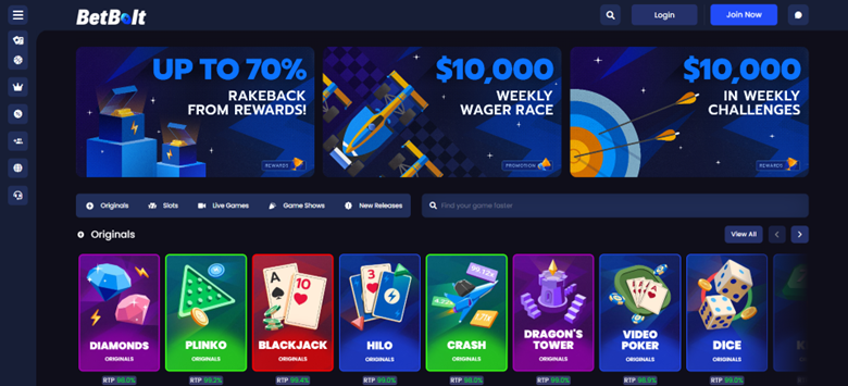 BetBolt homepage featuring 99.4 RTP blackjack and instant VIP access at the best crypto casino australia