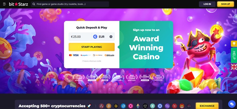 BitStarz interface showing 500 cryptocurrency exchange and fast withdrawal options for best bitcoin casino australia players.