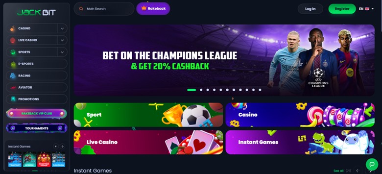 Jackbit interface showcasing 6000 games library and no-KYC registration for best bitcoin casino australia access