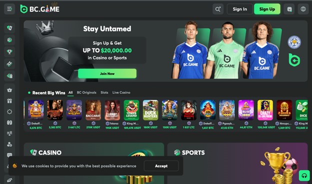 BC.Game homepage displaying cryptocurrency gaming options and bonus promotions.