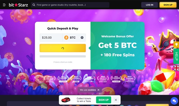 BitStarz homepage displaying casino game selection and welcome bonus information.