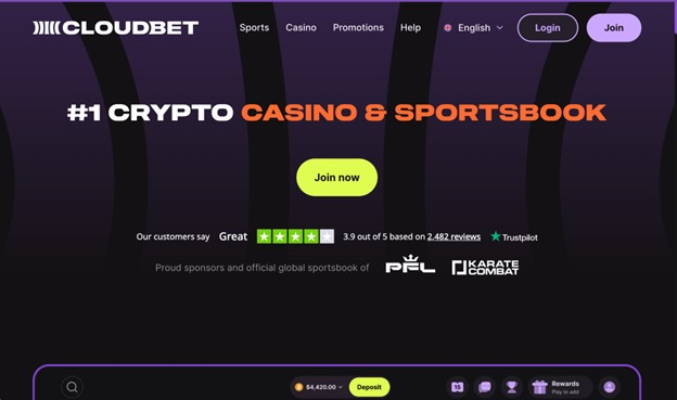 Cloudbet homepage showing sports betting markets and casino game options.