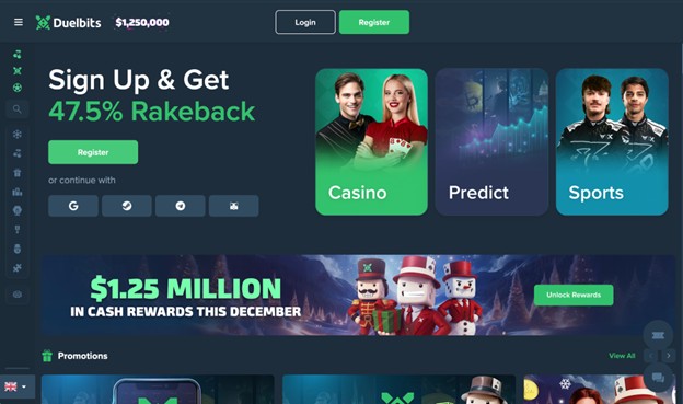Duelbits casino interface featuring game categories and promotional offers.