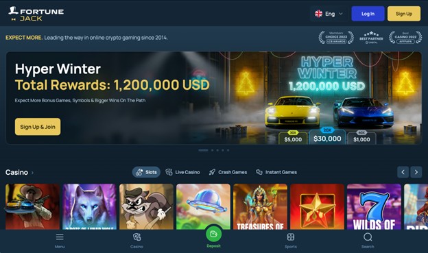 FortuneJack homepage showing cryptocurrency casino games and sports betting options.