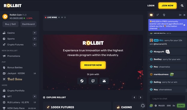 Rollbit platform featuring crypto trading and casino gaming interfaces.