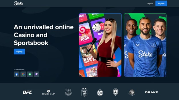 Stake casino interface showing sports betting and casino game categories.