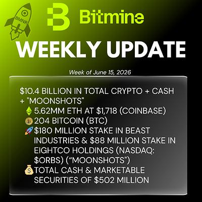 Bitmine Immersion Technologies (BMNR) Announces ETH Holdings Reach 5.62 Million Tokens, and Total Crypto and Total Cash Holdings of $10.4 Billion 3 BITMINE Weekly Update 1781527504eXdPOC22bn