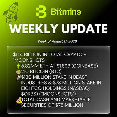 Bitmine Immersion Technologies (BMNR) Announces ETH Holdings Reach 5.82 Million Tokens, and Total Crypto and Total Cash Holdings of $11.4 Billion 3 Bitmine Weekly Update