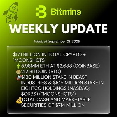 Bitmine Immersion Technologies (BMNR) Announces ETH Holdings Reach 5.98 Million Tokens, and Total Crypto and Total Cash Holdings of $17.1 Billion 3 Bitmine Weekly Update